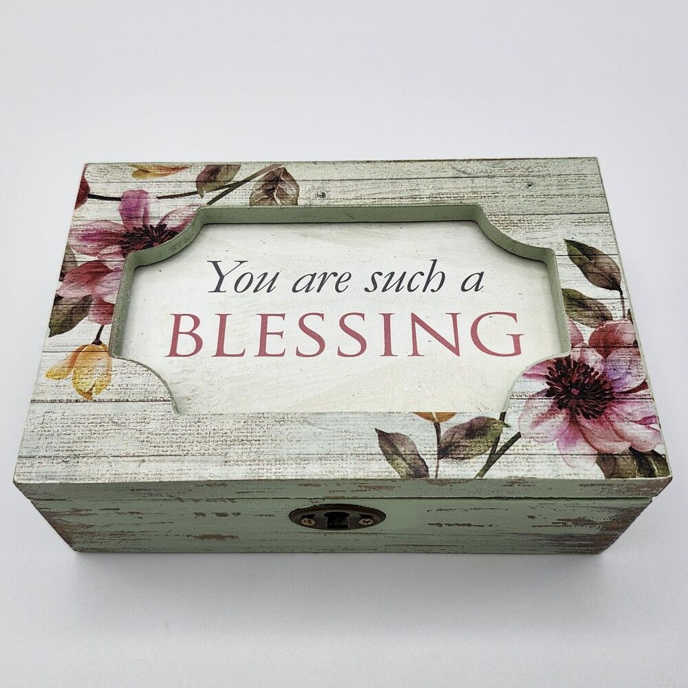 Floral Distressed Wooden Wind-Up Music Trinket/Jewelry Box w/ Key
